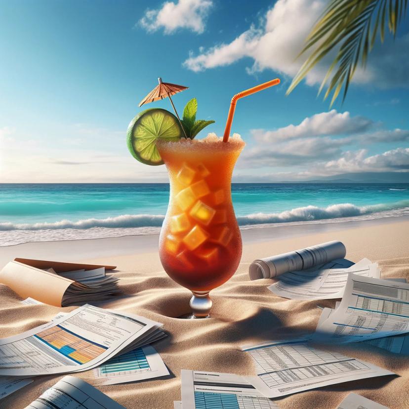 Picture of a beach scattered with documents and a Mai Tai cocktail in the sand